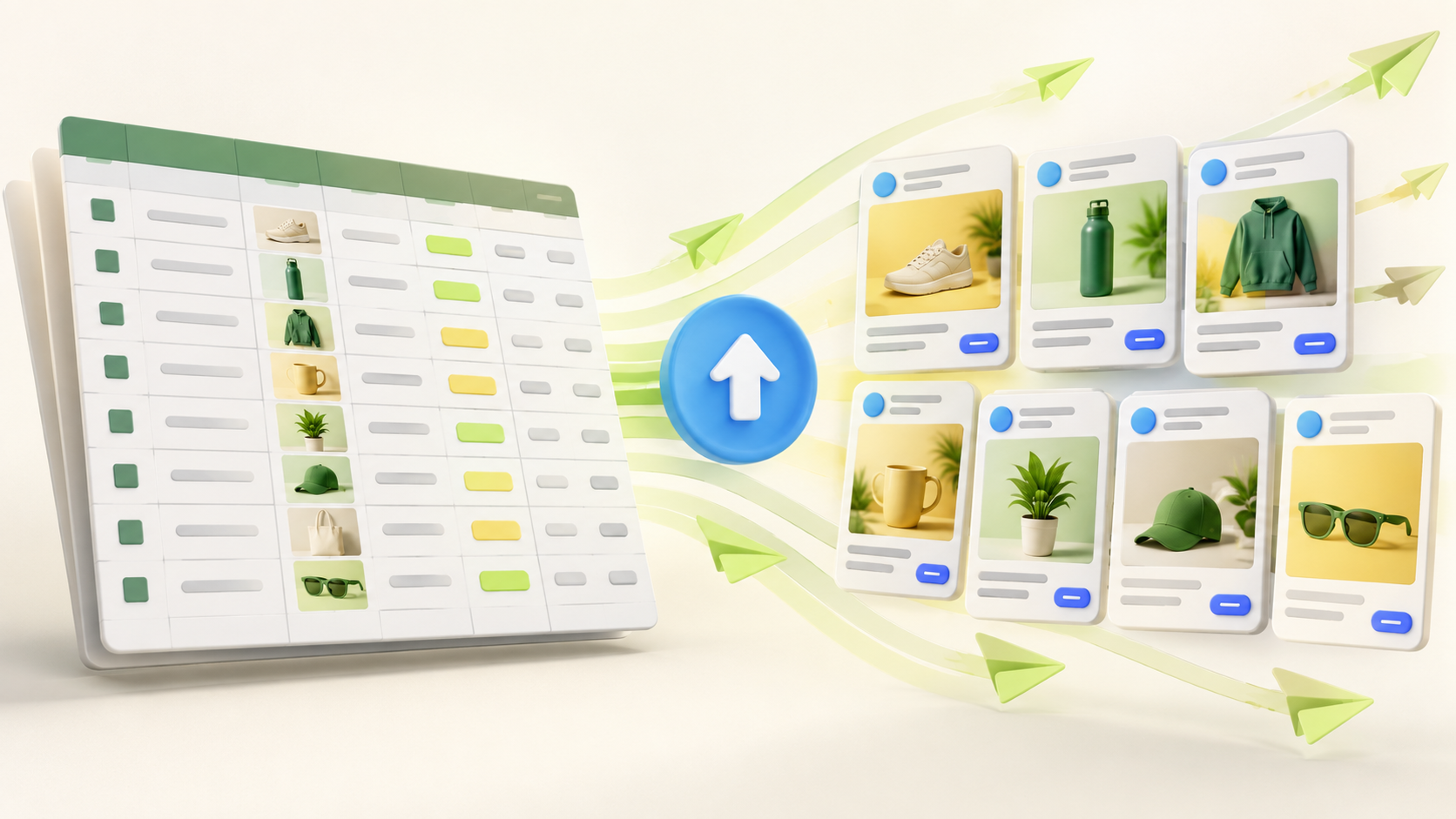 A spreadsheet of product ads uploads into multiple campaign cards